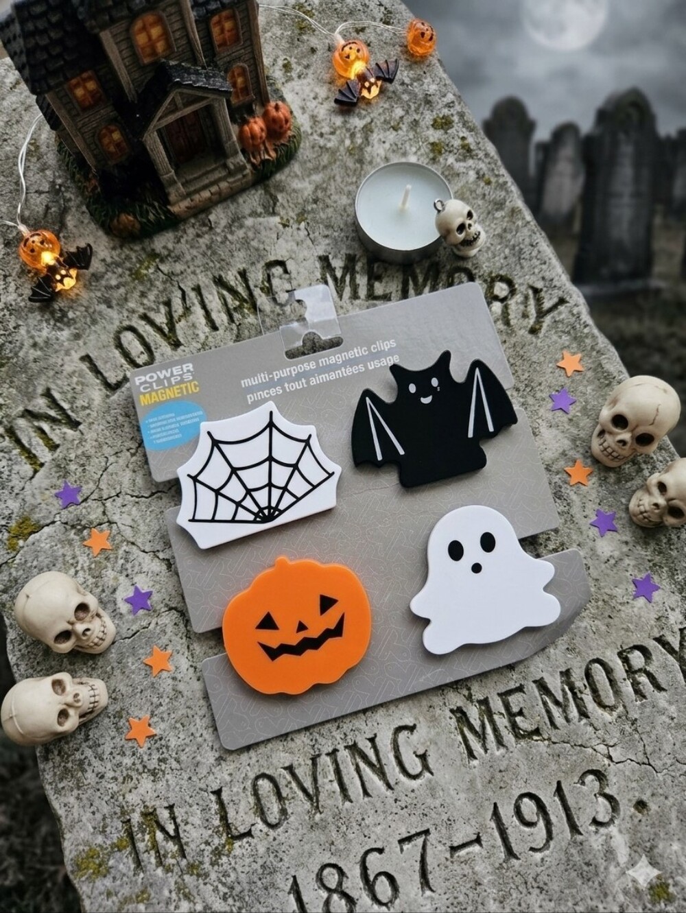 Halloween Magnetic Clips Set - Orange Pumpkin, Black Bat, White Ghost & Web